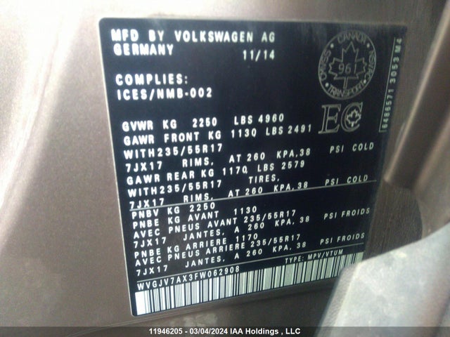 WVGJV7AX3FW062908 Volkswagen Tiguan S/se/sel/r-line