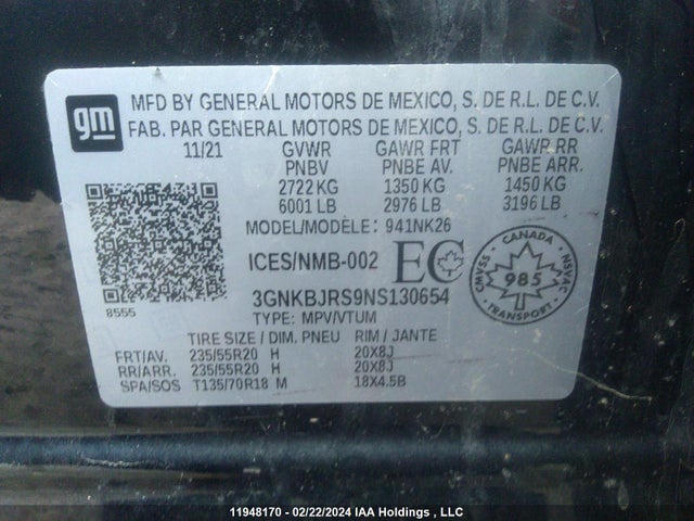 3GNKBJRS9NS130654 Chevrolet Blazer 3lt