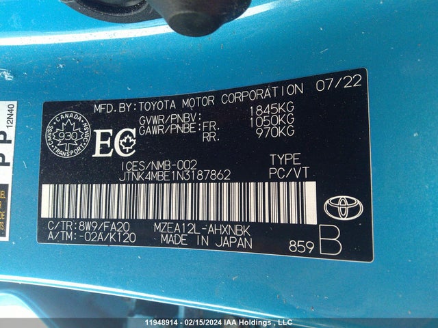 Toyota COROLLA 2022 JTNK4MBE1N3187862 Image 9