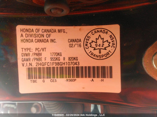 2016 Honda Civic Sedan მანქანა იყიდება აუქციონზე, vin: 2HGFC1F98GH107043, აუქციონის ნომერი: 11949909