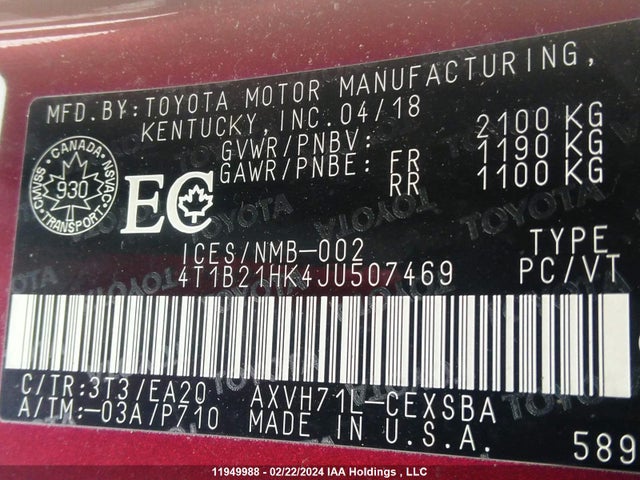 Продажа на аукционе авто 2018 Toyota Camry Hybrid/le/xle/se, vin: 4T1B21HK4JU507469, номер лота: 11949988