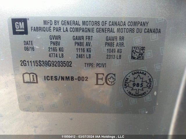 Chevrolet IMPALA LT 2016 2G1115S39G9203502 Image 9