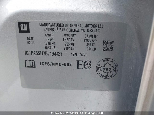Продаж на аукціоні авто 2011 Chevrolet Cruze Ls, vin: 1G1PA5SH7B7194427, номер лоту: 11952797
