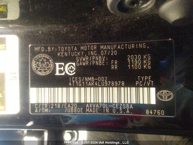 Toyota CAMRY 2020 4T1G11AK4LU978978 Image 9