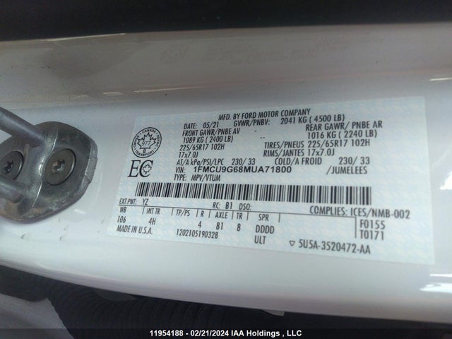 1FMCU9G68MUA71800 Ford ESCAPE SE