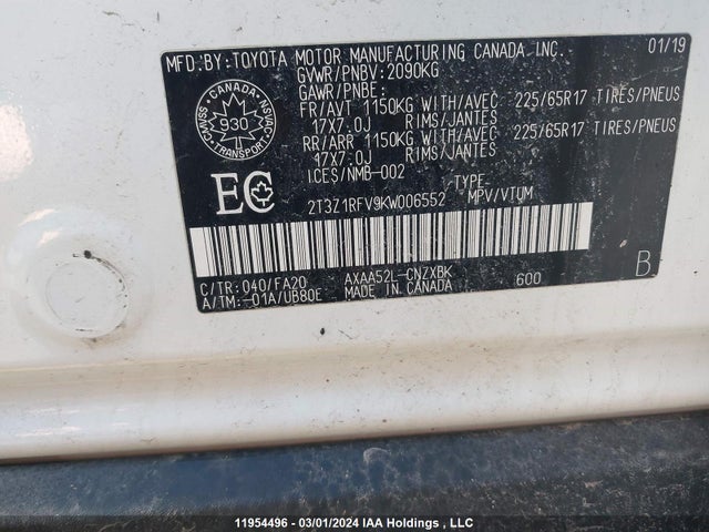 Toyota RAV4 LE 2019 2T3Z1RFV9KW006552 Image 9