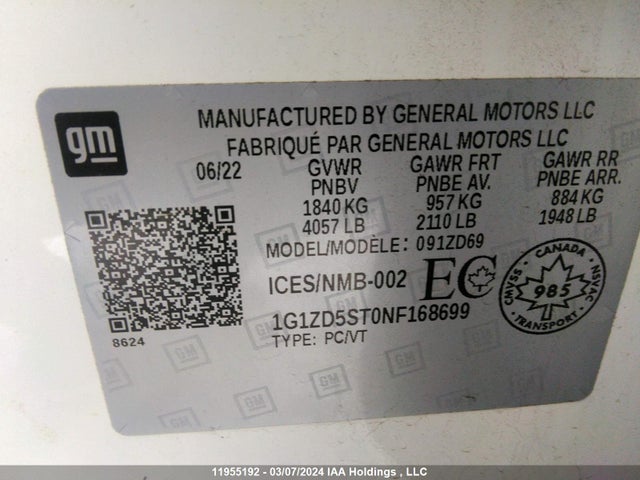 Chevrolet MALIBU LT 2022 1G1ZD5ST0NF168699 Image 9