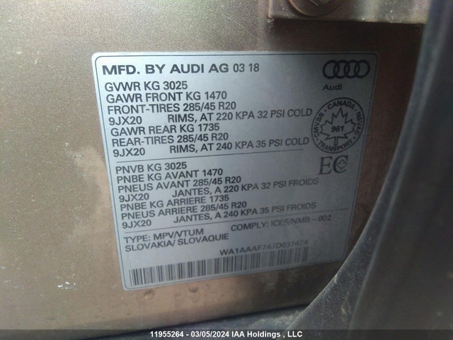 WA1AAAF74JD037424 Audi Q7 PREMIUM