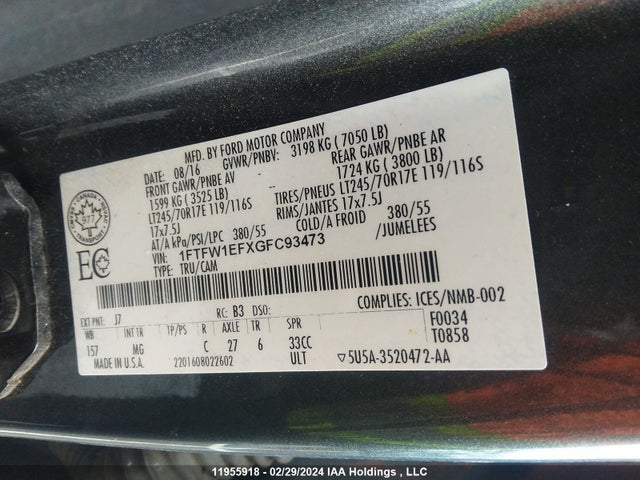 Ford F150 Supercrew 2016 1FTFW1EFXGFC93473 Image 9