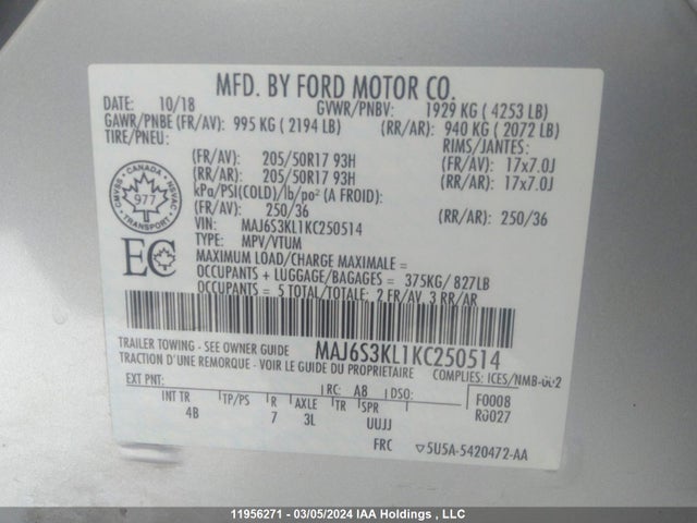 Продаж на аукціоні авто 2019 Ford Ecosport Titanium, vin: MAJ6S3KL1KC250514, номер лоту: 11956271