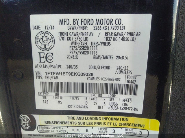 Ford F-150 Xlt 2014 1FTFW1ET9EKG39328 Image 9