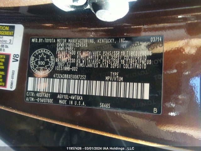 Toyota Venza 2014 4T3ZA3BBXEU087252 Image 9