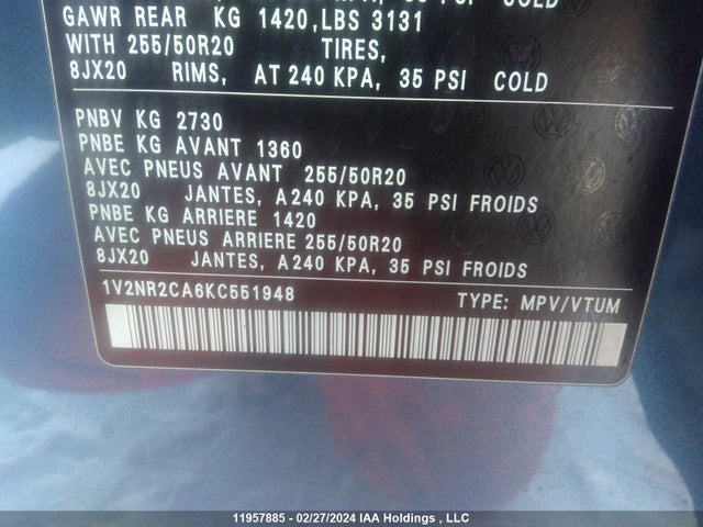 1V2NR2CA6KC551948 Volkswagen Atlas Sel Premium