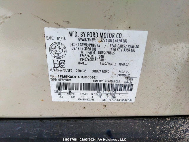 Ford EXPLORER XLT 2018 1FM5K8DH4JGB60921 Image 9