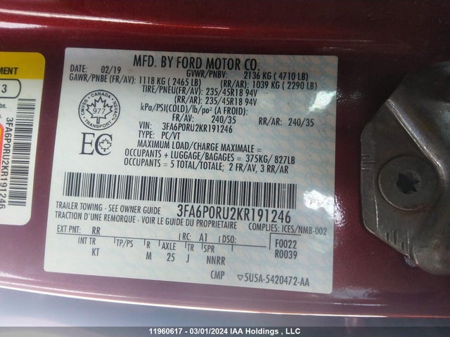 3FA6P0RU2KR191246 Ford Fusion
