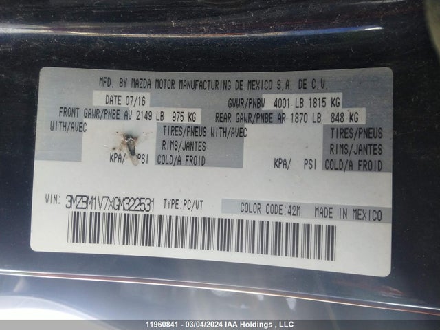3MZBM1V7XGM322531 Mazda 3 TOURING