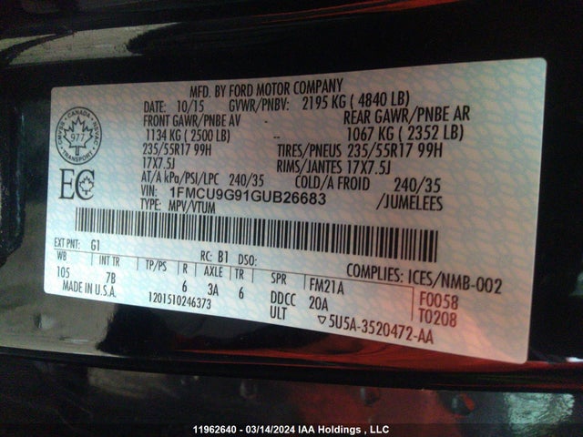 2016 Ford Escape მანქანა იყიდება აუქციონზე, vin: 1FMCU9G91GUB26683, აუქციონის ნომერი: 11962640