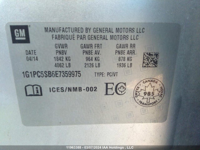 Chevrolet Cruze 2014 1G1PC5SB6E7359975 Image 9