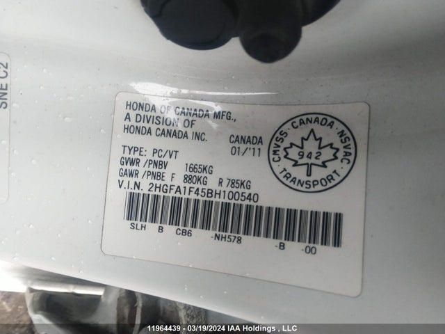 Aukcja sprzedaży 2011 Honda Civic Sdn, vin: 2HGFA1F45BH100540, numer aukcji: 11964439