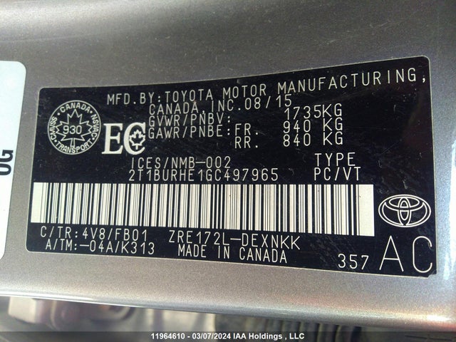 Toyota COROLLA 2016 2T1BURHE1GC497965 Image 9