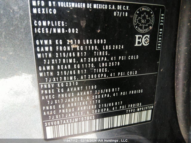 3VV0B7AX3JM197843 Volkswagen TIGUAN
