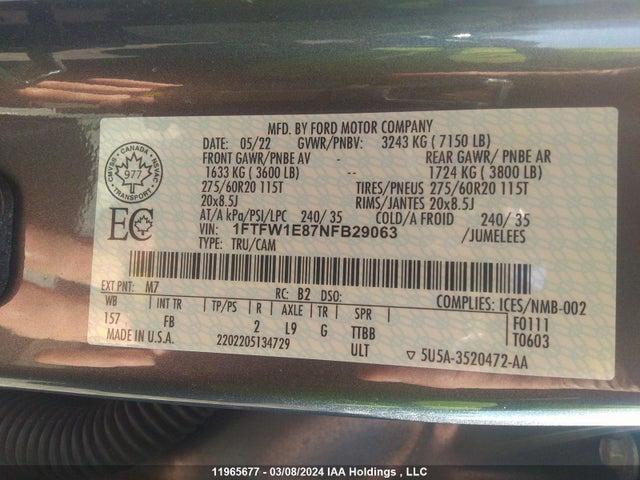 Ford F150 Supercrew 2022 1FTFW1E87NFB29063 Image 9