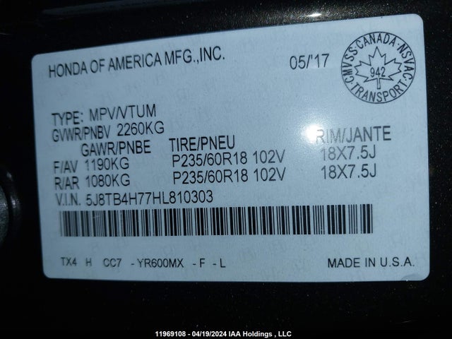 5J8TB4H77HL810303 Acura Rdx Advance