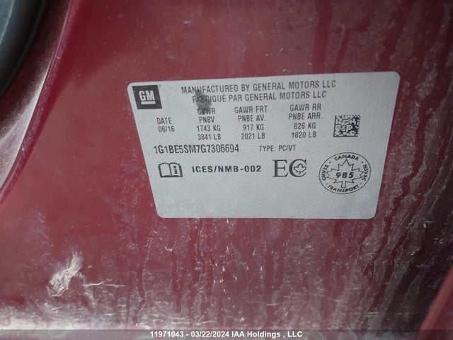 Chevrolet Cruze 2016 1G1BE5SM7G7306694 Image 9