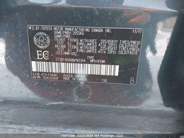 2011 Toyota Rav4 მანქანა იყიდება აუქციონზე, vin: 2T3BF4DV6BW165344, აუქციონის ნომერი: 11971388