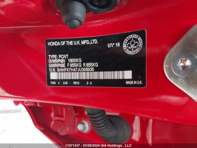 Honda CIVIC HATCHBACK 2018 SHHFK7H47JU308935 Image 9