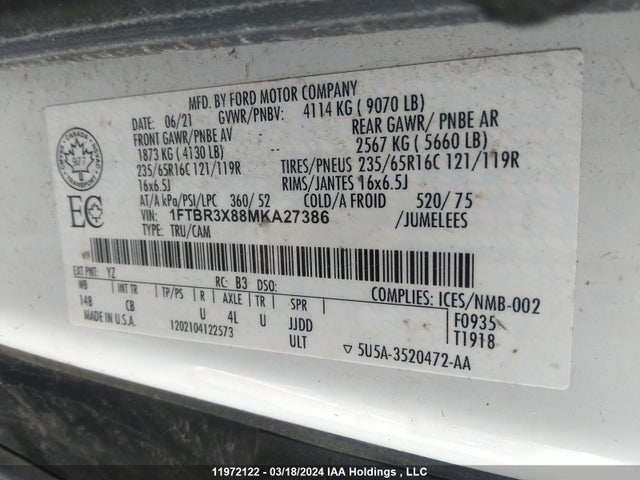 1FTBR3X88MKA27386 Ford Transit T-250