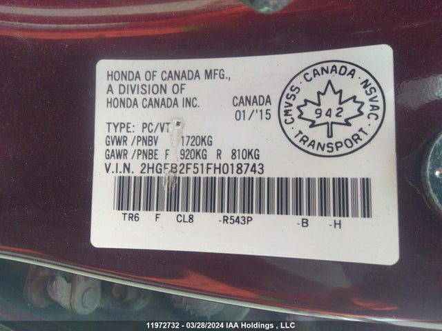 Honda CIVIC SEDAN 2015 2HGFB2F51FH018743 Image 9