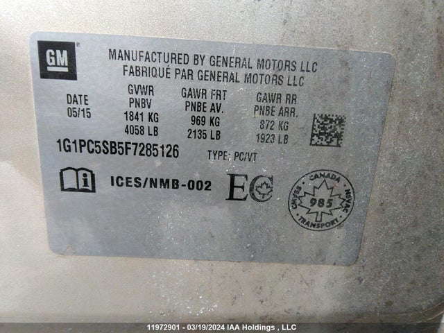 1G1PC5SB5F7285126 Chevrolet CRUZE LT