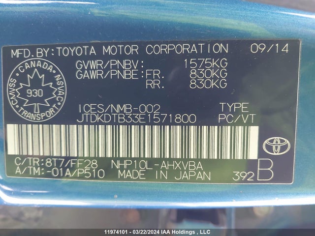 11974101 :رقم المزاد ، JTDKDTB33E1571800 vin ، 2014 Toyota Prius C Technology مزاد بيع