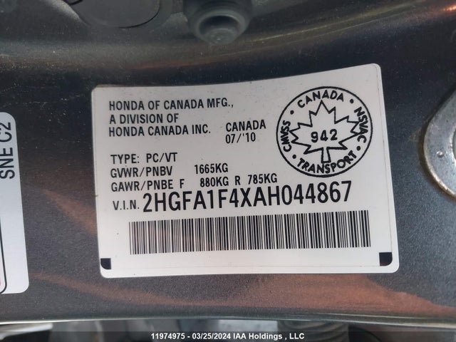 11974975 :رقم المزاد ، 2HGFA1F4XAH044867 vin ، 2010 Honda Civic Sdn مزاد بيع