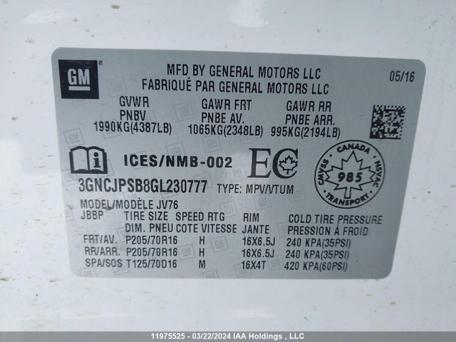 Chevrolet TRAX 1LT 2016 3GNCJPSB8GL230777 Image 9