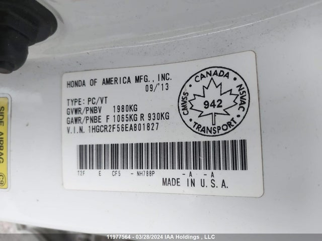 Honda Accord 2014 1HGCR2F56EA801827 Image 9