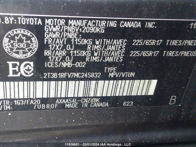 2021 TOYOTA RAV4 LE VIN: 2T3B1RFV7MC245832