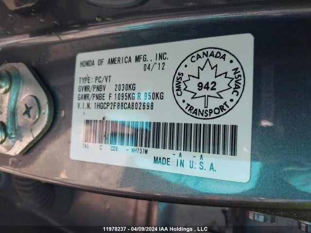 Auction sale of the 2012 Honda Accord Sedan, vin: 1HGCP2F88CA802698, lot number: 11978237