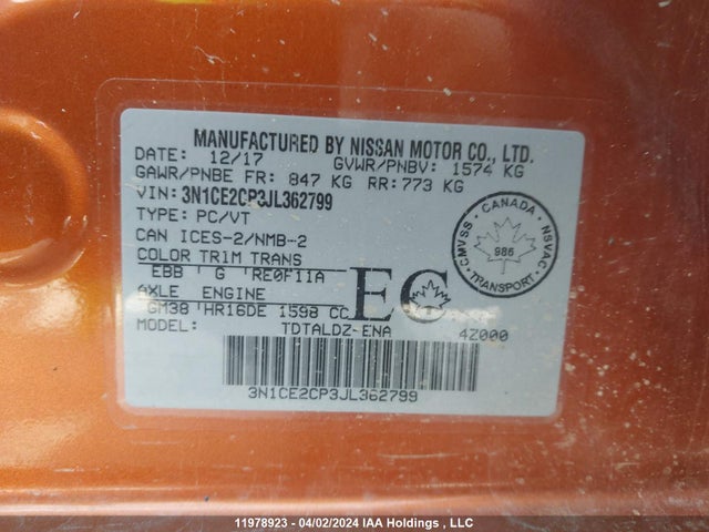 11978923 :رقم المزاد ، 3N1CE2CP3JL362799 vin ، 2018 Nissan Versa Note S/sr/sv مزاد بيع