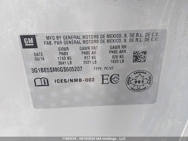Chevrolet Cruze 2016 3G1BE5SM6GS605207 Image 9