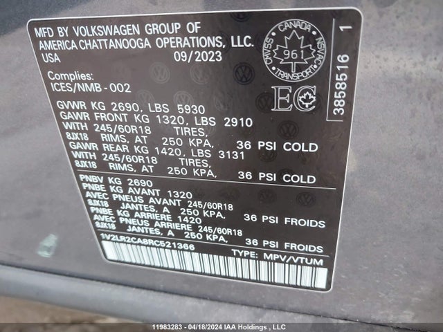 1V2LR2CA8RC521366 Volkswagen ATLAS SE