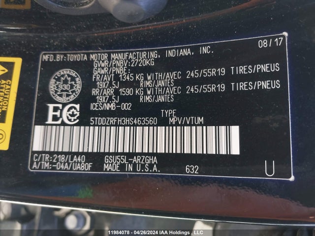 Toyota Highlander Limited 2017 5TDDZRFH3HS463560 Image 9