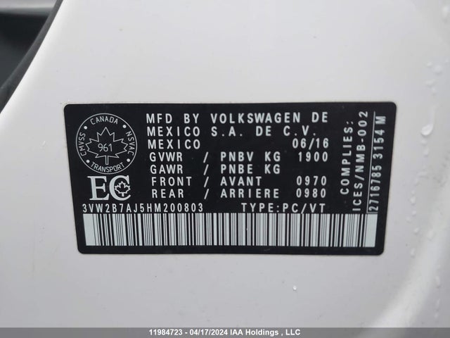 3VW2B7AJ5HM200803 Volkswagen JETTA S