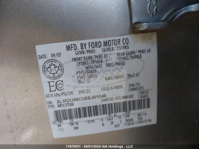 Aukcja sprzedaży 2008 Lincoln Mkx, vin: 2LMDU88C08BJ01049, numer aukcji: 11979551