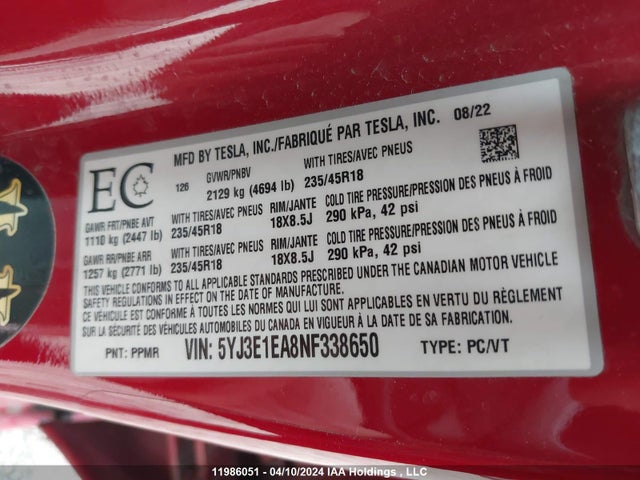 5YJ3E1EA8NF338650 Tesla MODEL 3