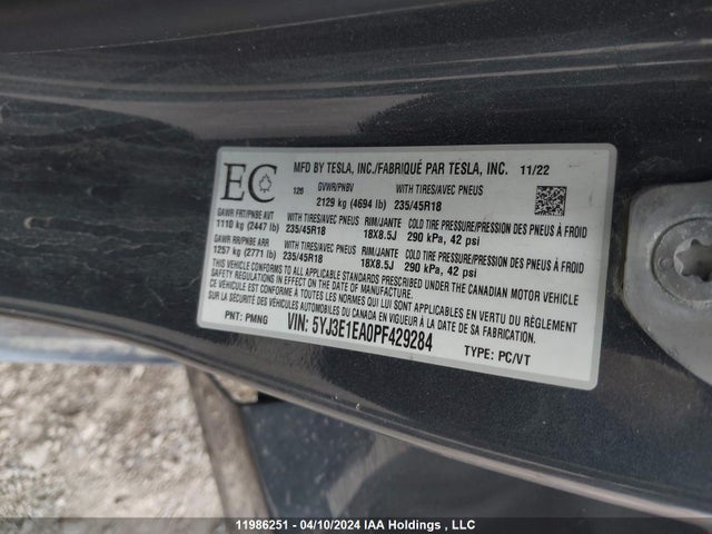 5YJ3E1EA0PF429284 Tesla MODEL 3