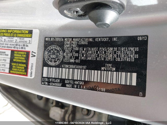 Toyota Venza Base V6 2014 4T3BK3BB8EU098197 Image 9