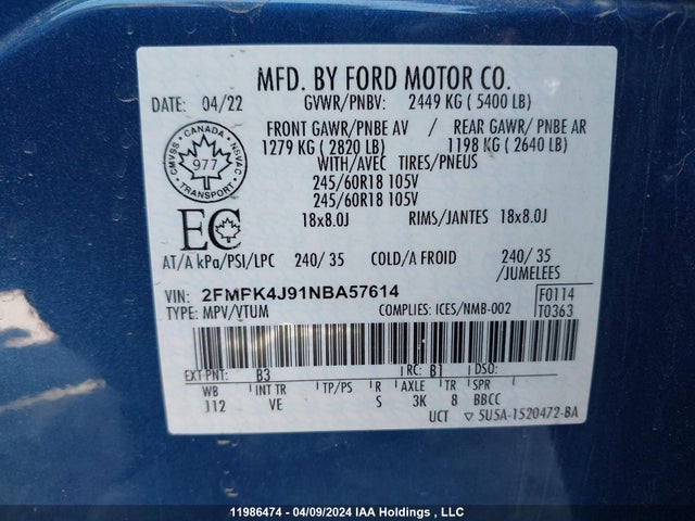 Ford EDGE SEL 2022 2FMPK4J91NBA57614 Image 9