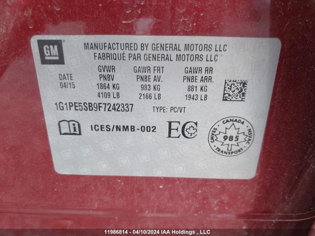 Chevrolet Cruze 2015 1G1PE5SB9F7242337 Image 9